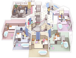  5girls 6+boys air_mattress bath_stool bathroom bathtub bed claw_foot_bathtub commentary cross_section dogeza dollhouse_view glasses holding_hands imminent_fellatio interior kissing kiyo_(kyokyo1220) love_hotel multiple_boys multiple_girls original photoshop_(medium) sitting soapland stairs stool straight tiles 