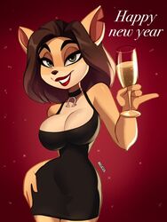  2023 3:4 4_fingers activision alcohol alyssa_bandicoot_(oc) anthro artist_name bandicoot beverage big_breasts biped black_hair black_nose breasts brown_hair champagne champagne_glass choker cleavage clothed clothing container crash_(series) cup digital_media_(artwork) dress drinking_glass english_text eyebrows eyelashes fan_character female fingers glass glass_container glass_cup gradient_background green_eyes hair half-closed_eyes hi_res holding_glass holding_object holidays jewelry lipstick looking_at_viewer magaska19 makeup mammal marsupial narrowed_eyes necklace new_year red_background red_lipstick short_hair simple_background smile solo text 