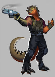  aiming_weapon anthro armor behemoth89 body_armor ceratosaurid ceratosaurus clothing dinosaur extinct futuristic_gun gloves grim_(grimsaurus) handwear hi_res knee_pads male mercenary prehistoric_species reptile scalie smoking_gun solo tail theropod weapon 