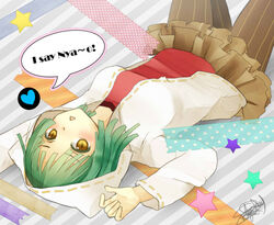  breasts brown_pantyhose brown_skirt cat_food_(vocaloid) commentary english_text female green_hair hatsune_miku looking_at_viewer lying medium_breasts miniskirt on_back palms pantyhose red_shirt shirt skirt slit_pupils solo speech_bubble striped_clothes striped_pantyhose triangle_mouth vertical-striped_clothes vertical-striped_pantyhose vocaloid yellow_eyes yunare 