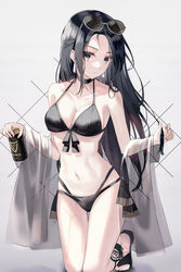  absurdres bare_shoulders bikini black_bikini black_choker black_footwear black_hair breasts can choker cleavage collarbone drink eyewear_on_head female front-tie_top grey_background halterneck head_tilt highres holding holding_drink holding_own_hair kneeling large_breasts long_hair multi-strapped_bikini navel original pale_skin sandals see-through sidelocks sion_(im10042m) solo stomach straight_hair string_bikini sunglasses swimsuit thigh_gap wet 