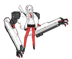  android aqua_eyes english_commentary extra_arms female highres long_hair looking_ahead mecha_musume open_hands original rocket_neko scowl solo v-shaped_eyebrows white_hair 