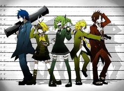  2boys 3girls blonde_hair blue_hair brown_hair commentary_request drill_hair formal green_eyes green_hair gun hair_ribbon hatsune_miku himitsu_keisatsu_(vocaloid) itou_toi kagamine_len kagamine_rin kaito_(vocaloid) mask meiko_(vocaloid) multiple_boys multiple_girls necktie ribbon rocket_launcher short_hair smile suit thighhighs vocaloid weapon zettai_ryouiki 