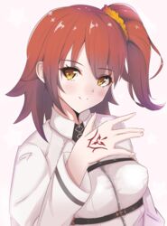  bad_id bad_pixiv_id chaldea_uniform commentary_request fate/grand_order fate_(series) female fujimaru_ritsuka_(female) maza_kisuke one_side_up orange_hair scrunchie short_hair smile solo 