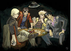  4boys ace_(playing_card) ace_of_hearts ace_of_spades arm_support berserk card crossed_legs crossover dio_brando drawfag duplicate formal guts_(berserk) headband heart holding holding_card itou_kaiji jack_(playing_card) jack_of_spades jacket johan_liebert jojo_no_kimyou_na_bouken kaiji key king_(playing_card) king_of_spades lamp male_focus manly monster_(manga) multiple_boys multiple_crossover photoshop_(medium) pixel-perfect_duplicate playing_card playing_games poker poker_chip queen_(playing_card) queen_of_spades royal_flush shroedinger sitting spade_(shape) stardust_crusaders suit table tears ten_of_spades three_of_hearts 