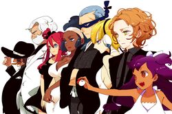  4boys 4girls beard blonde_hair blue_eyes blue_hair breasts brycen_(pokemon) burgh_(pokemon) cigar clay_(pokemon) cleavage commentary_request cowboy cowboy_hat cowboy_western dark-skinned_female dark_skin drayden_(pokemon) dress elesa_(pokemon) facial_hair formal group_picture group_profile halterneck hat headphones holding holding_poke_ball iris_(pokemon) japanese_clothes jewelry large_breasts lastgray lenora_(pokemon) lineup lipstick makeup mask multiple_boys multiple_girls open_mouth poke_ball poke_ball_(basic) pokemon pokemon_bw profile red_hair ring short_dress skyla_(pokemon) smile suit wedding_ring 