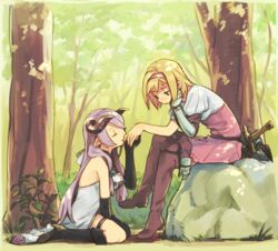  2girls between_legs black_footwear blonde_hair blush boots brown_eyes brown_footwear closed_eyes commentary_request crossed_legs day djeeta_(granblue_fantasy) draph dress elbow_gloves fighter_(granblue_fantasy) forest gauntlets gloves granblue_fantasy hairband hand_between_legs head_on_hand horns kissing kissing_hand knee_boots light_purple_hair multiple_girls narmaya_(granblue_fantasy) nature outdoors pink_dress pink_hairband pointy_ears puffy_short_sleeves puffy_sleeves rock seiza short_hair short_sleeves sitting sweatdrop sword takishima_asaka thigh_boots thighhighs weapon yuri 