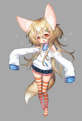  :3 animal_ears blonde_hair blush commentary_request felt_(inuue_kiyu) female fox_ears fox_tail grey_background hair_ornament highres huge_ears inuue_kiyu large_ears long_hair looking_at_viewer no_shoes oerba_yun_fang orange_thighhighs original red_eyes simple_background skirt sleeves_past_fingers sleeves_past_wrists solo striped_clothes striped_thighhighs tail thighhighs very_long_hair zettai_ryouiki 