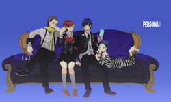  3boys armband black_hair blue_eyes bow brown_hair card closed_eyes commentary_request couch cuffs digital_media_player female gekkoukan_high_school_uniform handcuffs headphones highres holding holding_card lolicon mochizuki_ryouji multiple_boys persona persona_3 persona_3_portable pharos red_eyes ribbon scarf school school_uniform shiomi_kotone short_hair smile suspenders uniform yuuki_makoto_(persona_3) zatori 