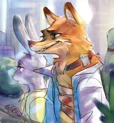  2016 anthro bandage blood blood_on_bandage blue_eyes bodily_fluids canid canine clothed clothing collar colored disney duo female fox fur grey_body grey_fur judy_hopps lagomorph leporid male mammal nick_wilde orange_body orange_fur outside purple_eyes rabbit red_fox shirt shock_collar size_difference syrva topwear true_fox zistopia zootopia 