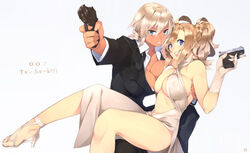  23_(real_xxiii) 2girls ahoge aiming aiming_at_viewer asymmetrical_docking bare_legs bare_shoulders blonde_hair blue_eyes breast_press breasts cleavage commentary_request couple covered_nipples dark-skinned_female dark_skin earrings finger_on_trigger formal gloves good_end gun handgun high_heels highres james_bond_(series) jewelry large_breasts legs lips long_hair looking_at_viewer multiple_girls navel open_mouth original sandals sela_(23) shoes short_hair simple_background skyfall smile suit taurus_millennium_g2 taurus_pt111_g2 translated trigger_discipline ursula_(23) walther walther_ppk weapon white_background white_gloves white_hair wife_and_wife yuri 