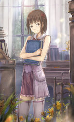  bare_arms bare_shoulders blunt_bangs blush bob_cut book bow brown_eyes brown_hair commentary_request curtains desk female flower hair_ornament hairbow highres holding holding_book hugging_book hugging_object indoors instrument moka._tapioka original piano shelf short_hair sleeveless smile solo thighhighs window zettai_ryouiki 