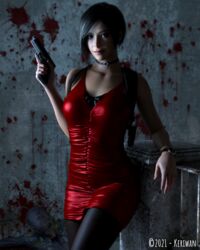  3d 3d_(artwork) ada_wong ada_wong_(adriana) black_choker black_stockings capcom female female_only keriwan posing_with_weapon red_dress resident_evil resident_evil_2 solo spy weapon_holster 