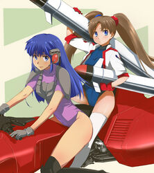  2girls aircraft blue_eyes blue_hair brown_hair burning_force commentary_request crossover hover_bike leotard long_hair maabou missile multiple_girls multiple_riders numan_athletics pink_leotard riding science_fiction sharon_les_halles tengenji_hiromi thighhighs twintails x_theater 