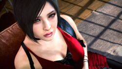  1girls 3d 3d_(artwork) ada_wong ada_wong_(adriana) big_breasts black_hair capcom female female_focus female_only ginkasu indoors inside light-skinned_female looking_at_viewer red_dress resident_evil resident_evil_2 resident_evil_2_remake short_hair stockings weapon_holster 