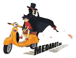  2boys black_hair blue_eyes cape hat ikki_tenryou mask medarot medarot medarots motor_vehicle multiple_boys phantom_renegade pony_tail ponytail scooter tenryou_ikki top_hat vehicle vespa 