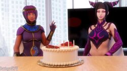  2girls 3d big_breasts black_hair blender capcom dark-skinned_female derringersfm egyptian egyptian_clothes egyptian_female egyptian_headdress female female_only juri_han light-skinned_female looking_at_viewer menat pink_eyes purple_eyeshadow purple_hair smiling_at_viewer street_fighter street_fighter_v super_street_fighter_iv tagme teal_eyes 