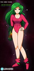  1980s_(style) 1girls boots green_hair justin_bailey laser_gun latex lenoxmst leotard metroid nintendo pink_boots pink_leotard samus_aran standing straight_hair zero_suit_samus 