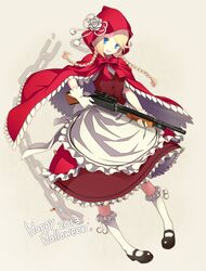  2013 :d apron bad_id bad_pixiv_id blonde_hair blue_eyes braid broken broken_chain chains chimachi cloak commentary_request female frilled_legwear frilled_skirt frills gun halloween hood hood_up hooded_cloak little_red_riding_hood little_red_riding_hood_(grimm) long_hair long_skirt mary_janes mossberg_500 open_mouth original pump_action shoes shotgun skirt smile solo swept_bangs twin_braids weapon white_legwear 