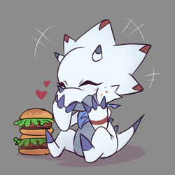  1:1 anthro bandai_namco bandana blush burger claws crumbs digimon digimon_(species) digimon_ghost_game eating food gammamon heart_symbol horn kerchief male shoru sitting solo white_body 