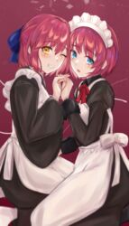  2girls absurdres apron black_pantyhose blue_eyes blue_ribbon blush hair_between_eyes hair_ribbon hand_on_another&#039;s_hip highres hisui_(tsukihime) holding_hands klash kohaku_(tsukihime) looking_at_viewer maid maid_apron maid_headdress multiple_girls neck_ribbon one_eye_closed pantyhose red_background red_hair red_ribbon ribbon short_hair siblings sisters socks tsukihime type-moon wa_maid white_apron white_socks wide_sleeves yellow_eyes 