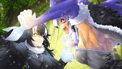  2girls angry animal_ears battle black_hair blue_eyes breasts commentary_request dire_wolf_(kemono_friends) fangs fangs_out forest fur_collar gloves grey_hair grey_wolf_(kemono_friends) heterochromia highres kemono_friends kemono_friends_r medium_breasts multicolored_hair multiple_girls muscular naka_(nicovideo14185763) nature oerba_yun_fang open_mouth outdoors photoshop_(medium) plaid_neckwear purple_hair tail two-tone_hair white_background white_gloves wolf_ears wolf_girl wolf_tail yellow_eyes 