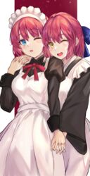  2girls absurdres apron blue_eyes blue_ribbon blush border bow bowtie breasts highres hisui_(tsukihime) holding_hands klash kohaku_(tsukihime) looking_at_viewer maid maid_apron maid_headdress medium_breasts medium_hair multiple_girls one_eye_closed red_background red_bow red_bowtie ribbon siblings sisters teeth tsukihime tsukihime_(remake) upper_teeth_only wa_maid white_border wide_sleeves yellow_eyes 