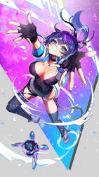  absurdres bandaid bandaid_on_face bandaid_on_nose black_choker black_gloves black_thighhighs blue_eyes blue_hair blue_nails breasts choker cleavage covered_navel female fingerless_gloves gloves hair_ornament highres jacket large_breasts leotard long_hair looking_at_viewer melody_(projektmelody) melody_(projektmelody)_(4th_costume) multicolored_hair nail_polish navel ponytail purple_hair purple_leotard shorts streaked_hair t0m_(projektmelody) thighhighs triangle_hair_ornament virtual_youtuber vshojo white_shorts yuarima2 