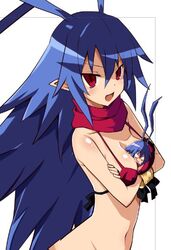  bikini bikini_top_only blue_hair blush breasts character_doll cleavage demon_girl disgaea disgaea_d2 female genderswap_(mtf) hair_between_eyes hands_on_own_hips iwashi_dorobou_-r- laharl laharl-chan large_breasts long_hair navel oerba_yun_fang open_mouth pointy_ears red_eyes rule_63 scarf simple_background slit_pupils swimsuit white_background 