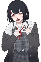  adjusting_neck_ribbon aochoku black_hair black_jacket black_skirt blazer blood blood_on_face blood_on_hands bruise bruised_eye earrings female grey_vest half-closed_eye highres injury jacket jewelry laughing looking_at_viewer messy_hair missing_finger neck_ribbon nosebleed off_shoulder open_mouth original red_ribbon ribbon school_uniform shirt short_hair sidelocks simple_background skirt solo strangulation_mark sweat tearing_up tears upper_body vest white_background white_shirt 