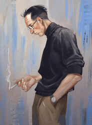  1boy bad_id bad_twitter_id black_hair cheetahman_(1ddghfr78cswc) cigarette commentary_request disco_elysium from_side glasses hair_slicked_back hand_in_pocket highres holding holding_cigarette kim_kitsuragi korean_commentary male_focus pants round_eyewear simple_background sleeves_rolled_up solo sweater turtleneck turtleneck_sweater undercut watch 