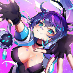  bandaid bandaid_on_face bandaid_on_nose black_choker black_gloves blue_eyes blue_hair breasts choker cleavage female fingerless_gloves gloves hair_ornament highres jacket large_breasts leotard long_hair looking_at_viewer melody_(projektmelody) melody_(projektmelody)_(4th_costume) multicolored_hair nail_polish ponytail purple_hair purple_leotard streaked_hair t0m_(projektmelody) triangle_hair_ornament virtual_youtuber vshojo yuarima2 