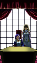  2girls arms_at_sides backlighting blue_jacket breasts brown_hair chair cleavage closed_mouth commentary_request crop_top cropped_vest crossed_bangs curtains dress green_eyes hair_ornament hairclip hand_up head_rest head_tilt high_collar jacket long_hair long_sleeves looking_at_viewer meister_otome_uniform midriff multiple_girls mura_(kiyohime) my-otome natsuki_kruger navel parted_bangs pov_across_table purple_hair red_eyes revision shizuru_viola sidelocks sitting smile standing taut_clothes taut_vest tsurime uniform vest white_vest window 