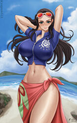  arms_behind_head arms_up beach black_hair blue_eyes blue_sky blush breasts contrapposto crop_top eyewear_on_head female floral_print highres kyopink large_breasts legs_together lips long_hair looking_at_viewer midriff navel nico_robin ocean one_piece outdoors parted_lips print_sarong sarong sky solo standing sunglasses thighs 