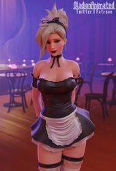  1girls 3d 3d_(artwork) alternate_costume big_breasts blender blender_(software) blonde_female blonde_hair blue_eyes blush blushing_at_viewer bow bowtie cleavage curvy earrings eye_contact female female_only flushed flushed_face gladionanimated hands_behind_back headwear light-skinned_female light_skin looking_at_viewer maid maid_apron maid_outfit maid_uniform mercy no_bra overwatch pale-skinned_female pale_skin red_lips red_lipstick shy solo solo_female solo_focus tattoo thick_thighs thighs 