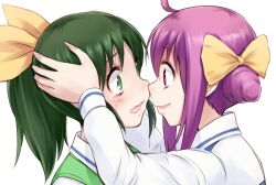  2girls ahoge blush commentary_request green_eyes green_hair hair_ribbon hand_on_another&#039;s_head hoshizora_miyuki midorikawa_nao multiple_girls nanairogaoka_middle_school_uniform open_mouth pink_eyes pink_hair ponytail precure ribbon school_uniform short_hair smile smile_precure suzushiro_yukari tears twintails yuri 