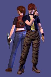  1boy 3d capcom claire_redfield dual_wielding female gun official_art ponytail resident_evil resident_evil_code_veronica steve_burnside weapon 