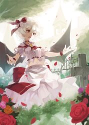  adapted_costume aged_up bat_wings bell_tower bow choker commentary_request cross female flower grave hat nanahara_fuyuki navel open_mouth pendant_watch petals red_eyes red_flower red_rose remilia_scarlet rose short_hair solo tears touhou watch white_hair wings 