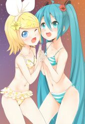  2girls :d ;d ahoge aqua_eyes aqua_hair bad_id bad_pixiv_id bikini blonde_hair blue_eyes blush cowboy_shot flat_chest flower frilled_bikini frills gradient_background h2o_(ddks2923) hair_between_eyes hair_flower hair_ornament hair_ribbon hairband hatsune_miku holding_hands interlocked_fingers kagamine_rin long_hair looking_at_viewer looking_back multiple_girls navel oerba_yun_fang one_eye_closed open_mouth photoshop_(medium) polka_dot polka_dot_bikini polka_dot_swimsuit profile ribbon short_hair smile sparkle standing star_(symbol) star_hair_ornament striped_bikini striped_clothes swept_bangs swimsuit twintails very_long_hair vocaloid 