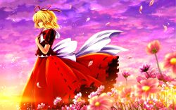  back_bow blonde_hair bow closed_eyes cloud commentary_request cosmos_(flower) female field floating_hair flower flower_field from_below hair_ribbon hands_on_own_chest hands_up highres medicine_melancholy nekominase own_hands_together petals pink_flower profile puffy_sleeves purple_sky ribbon sash scenery shirt short_hair short_sleeves skirt sky solo standing star_(sky) sunset touhou white_bow wind 