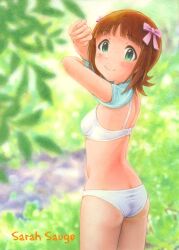  acrylic_paint_(medium) amami_haruka arms_up artist_name bad_id bad_pixiv_id banned_artist blush bow bra brown_hair green_eyes hairbow idolmaster idolmaster_(classic) looking_back panties pastel_(medium) sarah_sauge short_hair smile solo traditional_media underwear underwear_only undressing 