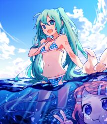  2girls bad_id bad_pixiv_id bikini blonde_hair blue_eyes cloud day green_eyes green_hair hair_ornament hair_ribbon hairclip hatsune_miku kagamine_rin kurasaki_moroko long_hair multiple_girls open_mouth outdoors partially_submerged polka_dot polka_dot_bikini polka_dot_swimsuit ribbon sky submerged swimsuit twintails v very_long_hair vocaloid water 