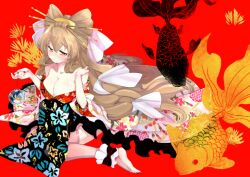  aoi_kimi bow breasts brown_eyes brown_hair cleavage commentary_request female hairbow japanese_clothes kanro_ame_(ameko) kimono koi kyoukaisenjou_no_horizon large_breasts long_hair off_shoulder solo thighhighs very_long_hair 