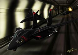  absurdres ace_combat ace_combat_5 aircraft airplane artist_name commentary emblem explosion f-14_tomcat f-18_hornet fighter_jet highres jet military military_vehicle missile no_humans photoshop_(medium) pilot razgriz signature thompson_(solowingfh) tunnel vehicle_focus 