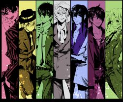  6+boys column_lineup commentary female formal gintama hijikata_toushirou kagura_(gintama) katsura_kotarou multiple_boys multiple_monochrome okita_sougo photoshop_(medium) reverse_trap sakamoto_tatsuma sakata_gintoki suit takasugi_shinsuke wingtemple 