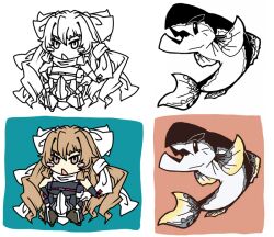  aoi_kimi black_legwear bodysuit brown_hair chibi female female fish kyoukai_senjou_no_horizon kyoukaisenjou_no_horizon midriff monochrome purple_eyes solo 