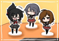  3girls ^_^ black_hair blush bow brown_eyes brown_hair chopsticks closed_eyes commentary_request eyebrows faux_figurine food grey_hair hair_up long_hair multiple_girls oerba_yun_fang oono_mayu open_mouth pixiv_azriel school_uniform serafuku short_hair skirt smile thighhighs yanagi_(nurikoboshi) 