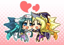  2girls angel black_hair blonde_hair blue_eyes bodysuit chibi closed_eyes esoragoto kyoukai_senjou_no_horizon kyoukaisenjou_no_horizon malga_naruze margot_knight multiple_girls purple_legwear wings yuri 