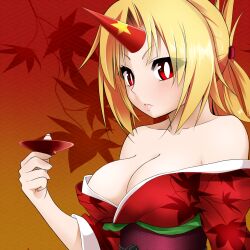  alternate_hairstyle bad_id bad_pixiv_id bare_shoulders blonde_hair breasts cleavage collarbone cup female floral_print folded_ponytail hair_up horns hoshiguma_yuugi japanese_clothes kimono large_breasts long_hair looking_at_viewer mattari_yufi obi off_shoulder oni red_eyes red_kimono sakazuki sash single_horn solo star_(symbol) touhou 