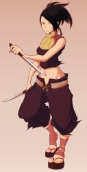  afroninja ayame_(tenchuu) bad_id bad_pixiv_id bandages bare_shoulders black_hair crop_top dual_wielding female holding long_hair midriff navel ninja ponytail reverse_grip sandals short_sword solo sword tenchuu weapon 